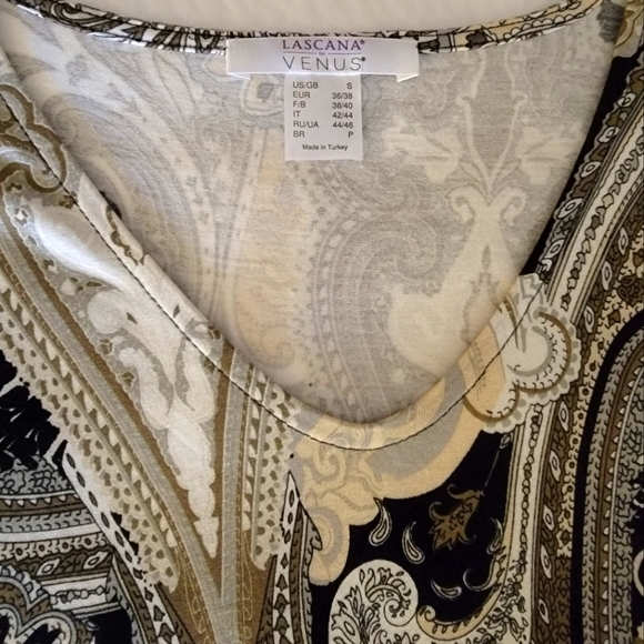 Lascana for Venus V-NECK  paisley brown, cream & black tunic belted top  sz S - Picture 3 of 13